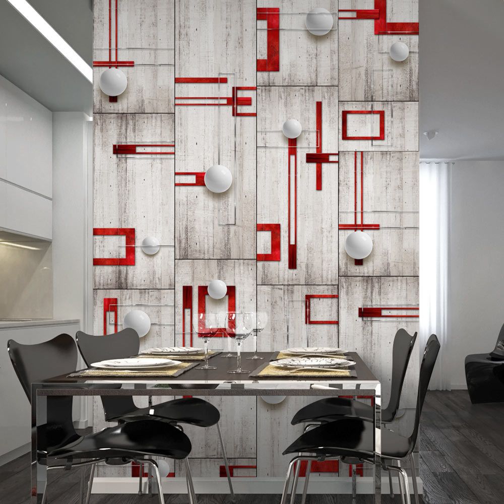 Bimago - Papier peint - Concrete, red frames and white knobs - Décoration, image, art | Deko Panels | 50x1000 cm | - Papier peint