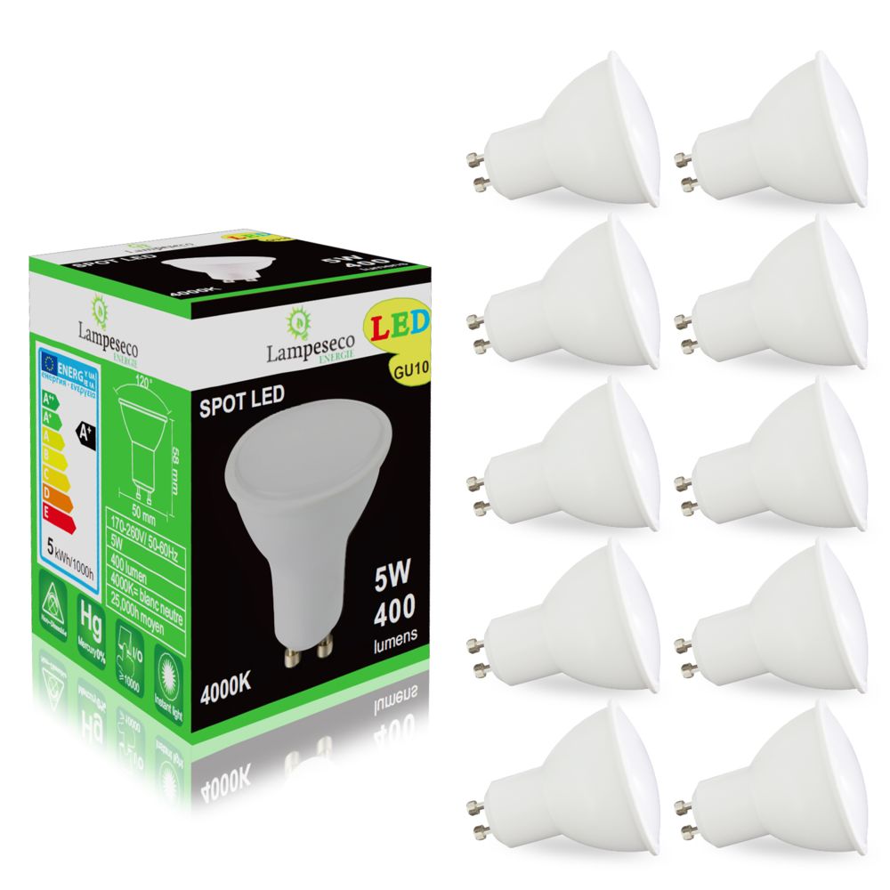 Lampesecoenergie - Pack de 10 Ampoules Led GU10 5W Blanc Neutre 4000K eq. 50W Halogène 120° - Ampoules LED