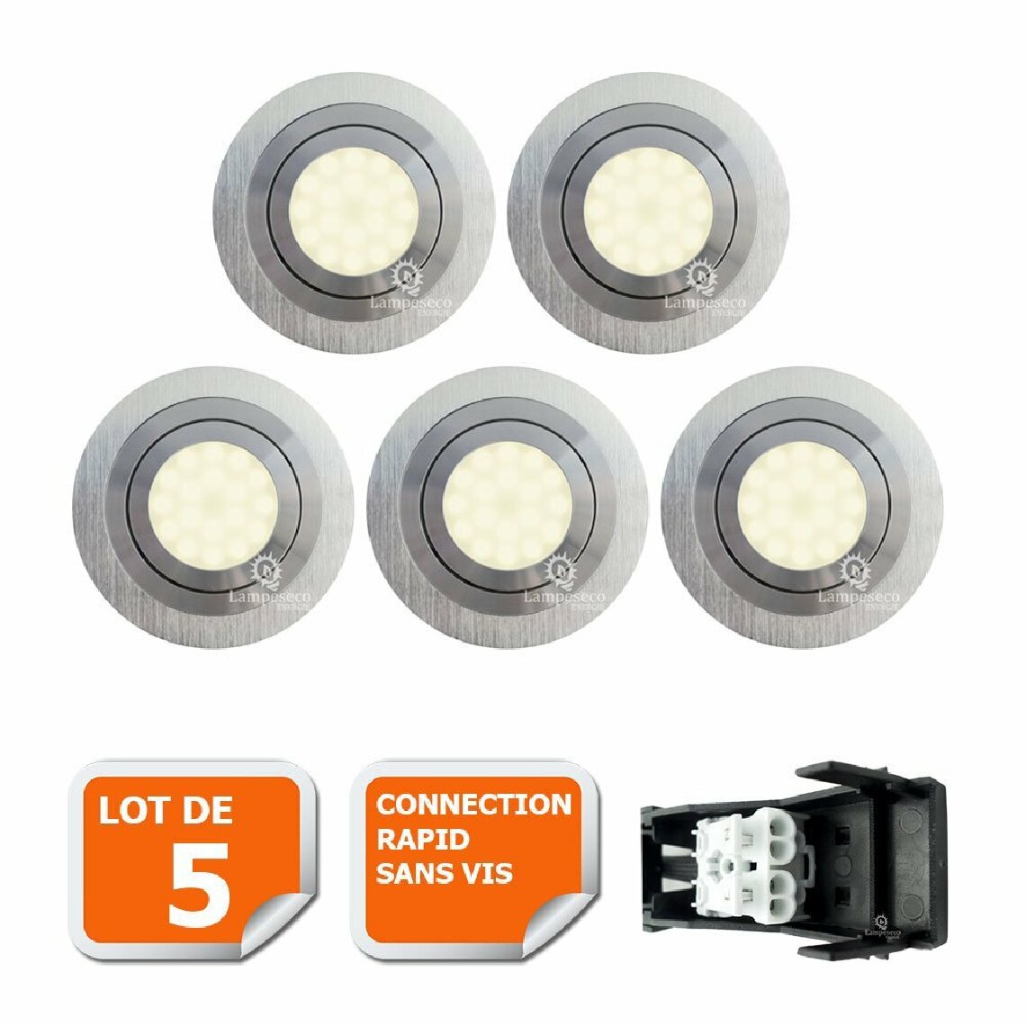 Eurobryte - LOT DE 5 SPOT LED ENCASTRABLE ORIENTABLE 5W eq. 50W, BLANC CHAUD ref.64853000 - Boîtes d'encastrement