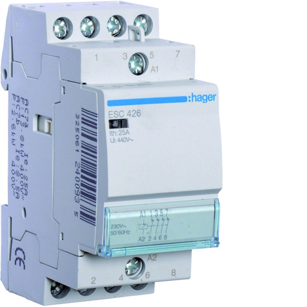 Hager - contacteur modulaire tertiaire - 25a - 4 contacts no - 230v - hager esc426 - Télérupteurs, minuteries et horloges