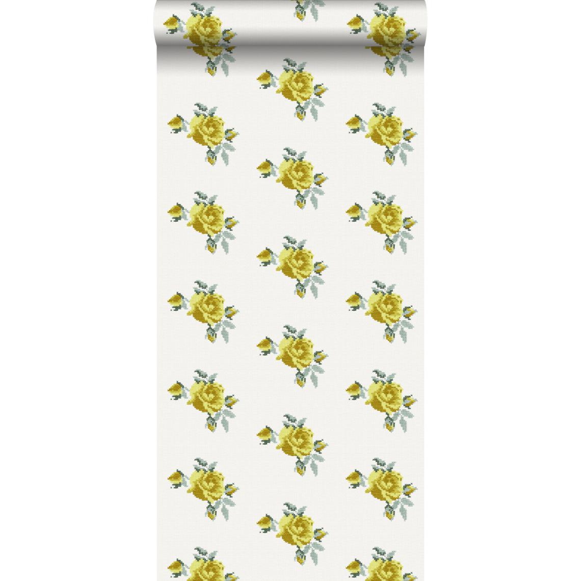 ESTAhome - ESTAhome papier peint broderie de petites roses jaune - 138147 - 53 cm x 10,05 m - Papier peint