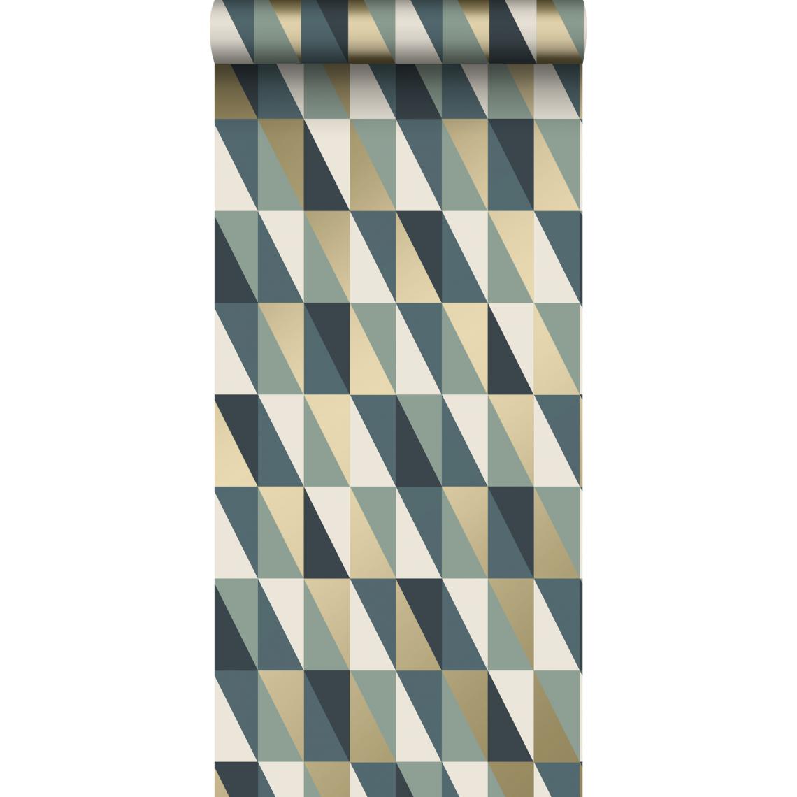 ESTAhome - ESTAhome papier peint triangles graphiques or, vert et bleu - 139197 - 0.53 x 10.05 m - Papier peint