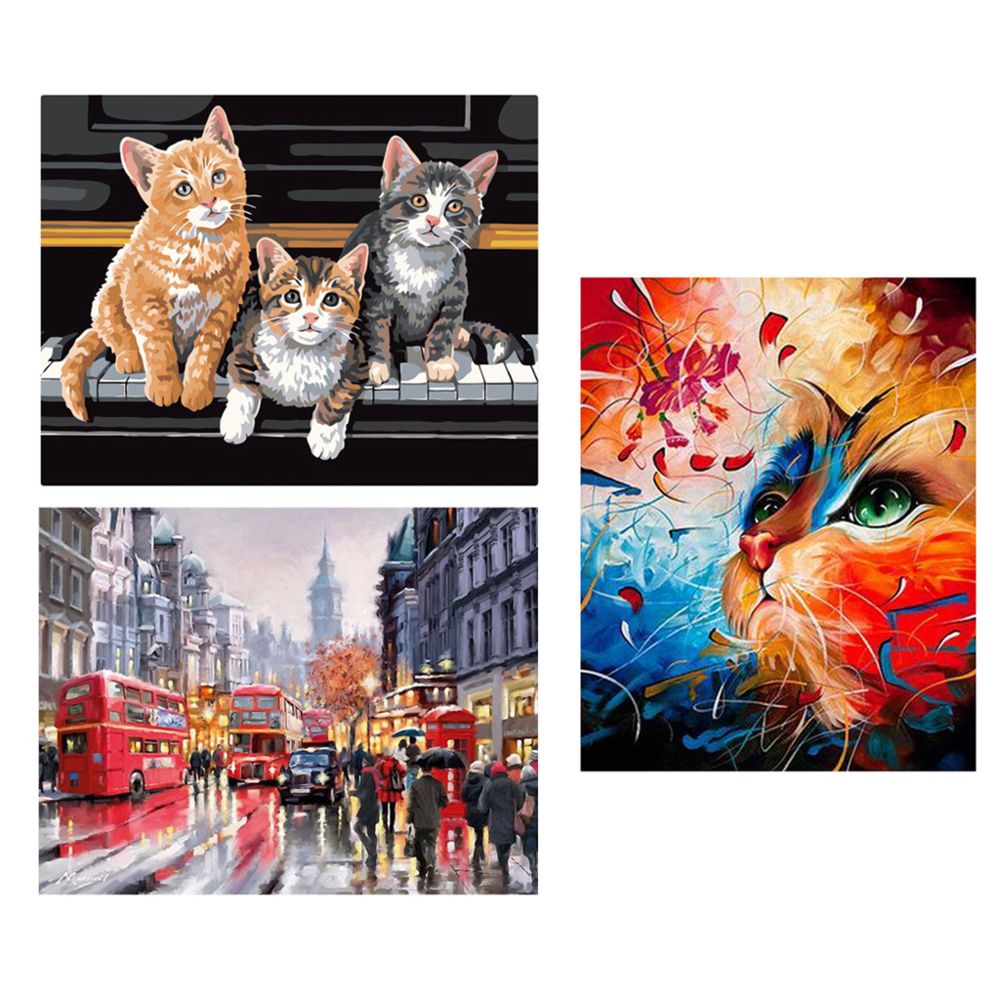 marque generique - 3 Kits De Peinture à L'huile Par Numéro Pour Enfants Adultes-chats Et Paysage - Fibre de verre & papier à peindre