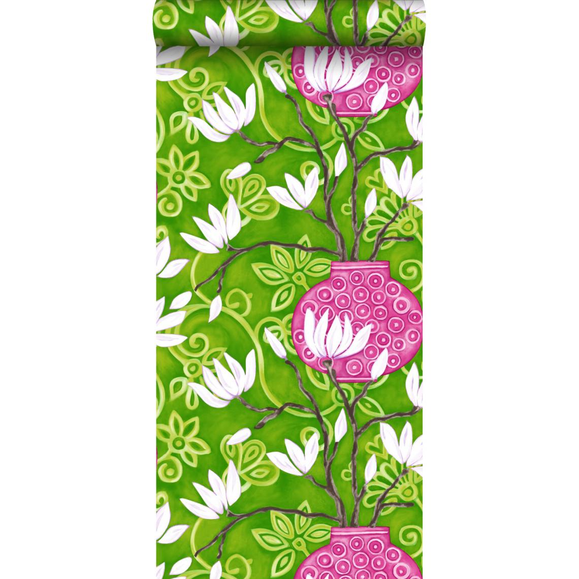 Origin - Origin papier peint magnolia vert et rose - 346926 - 53 cm x 10,05 m - Papier peint