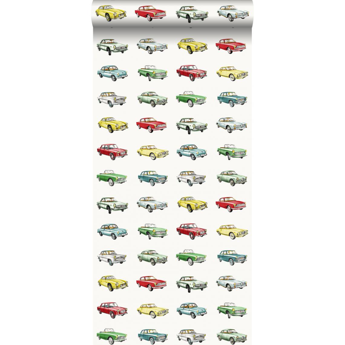 ESTAhome - ESTAhome papier peint voitures anciennes vintage rouge, jaune et vert - 138731 - 53 cm x 10,05 m - Papier peint