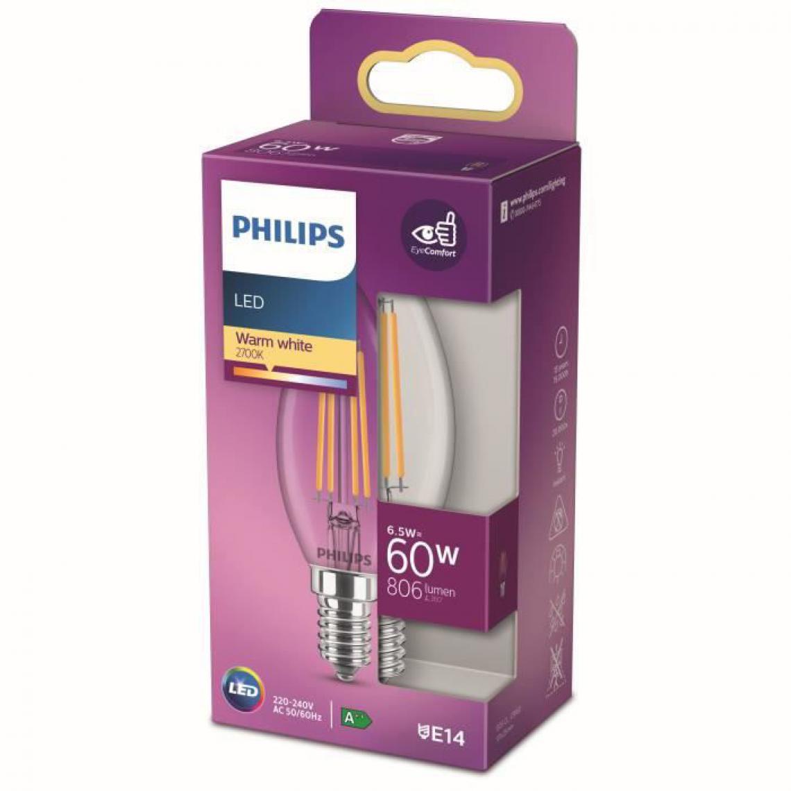 Philips - Philips ampoule LED Equivalent 60W E14 Blanc chaud Non dimmable, Verre - Ampoules LED