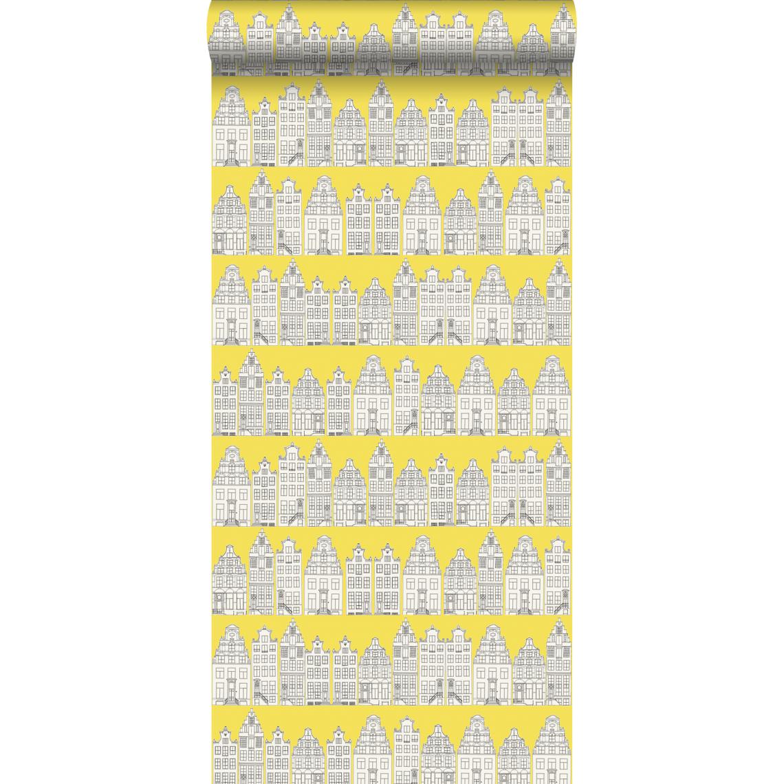 ESTAhome - ESTAhome papier peint maisons bordant les canaux d'Amsterdam jaune - 137712 - 53 cm x 10,05 m - Papier peint