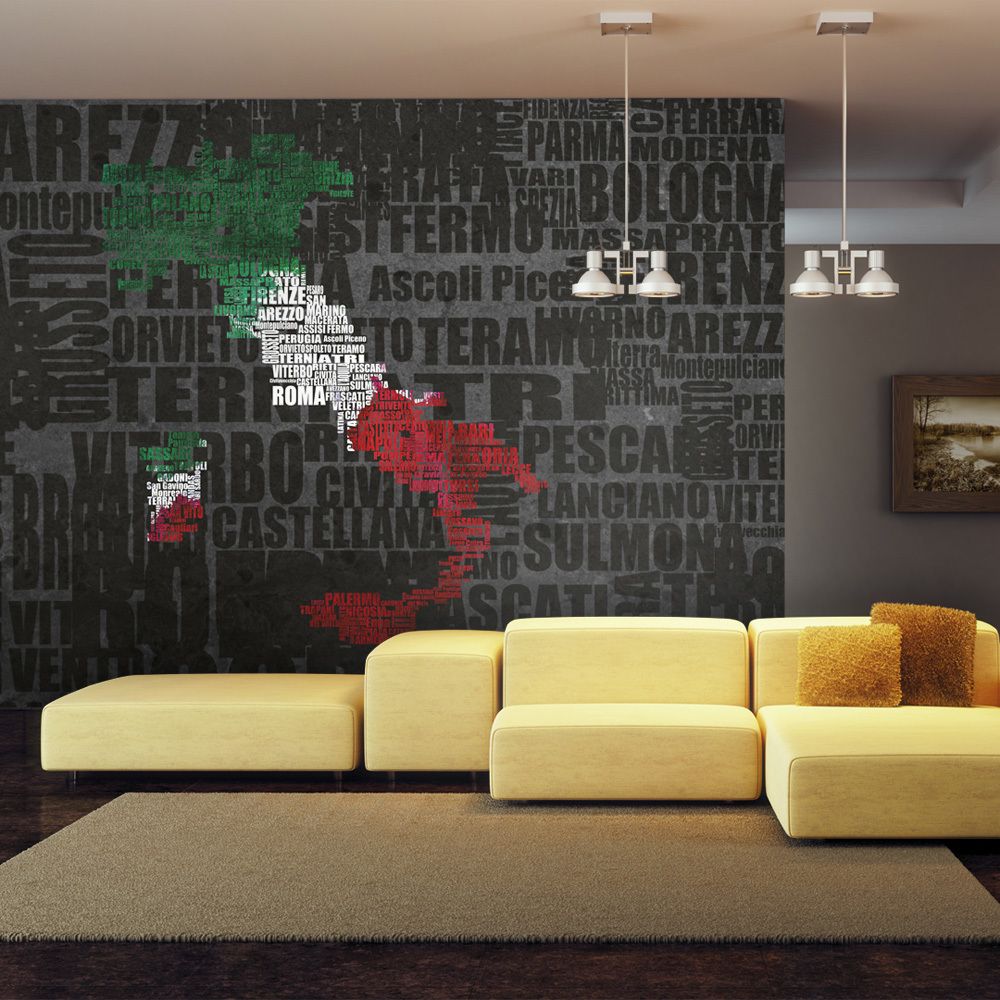 Bimago - Papier peint - Text map of Italy - Décoration, image, art | Carte du monde | 450x270 cm | XXl - Grand Format | - Papier peint
