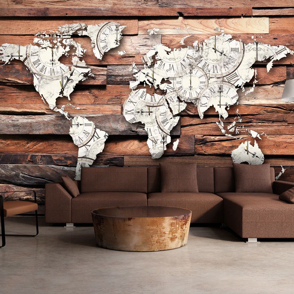 marque generique - 300x210 Papier peint Carte du monde Moderne Map On Wood - Papier peint