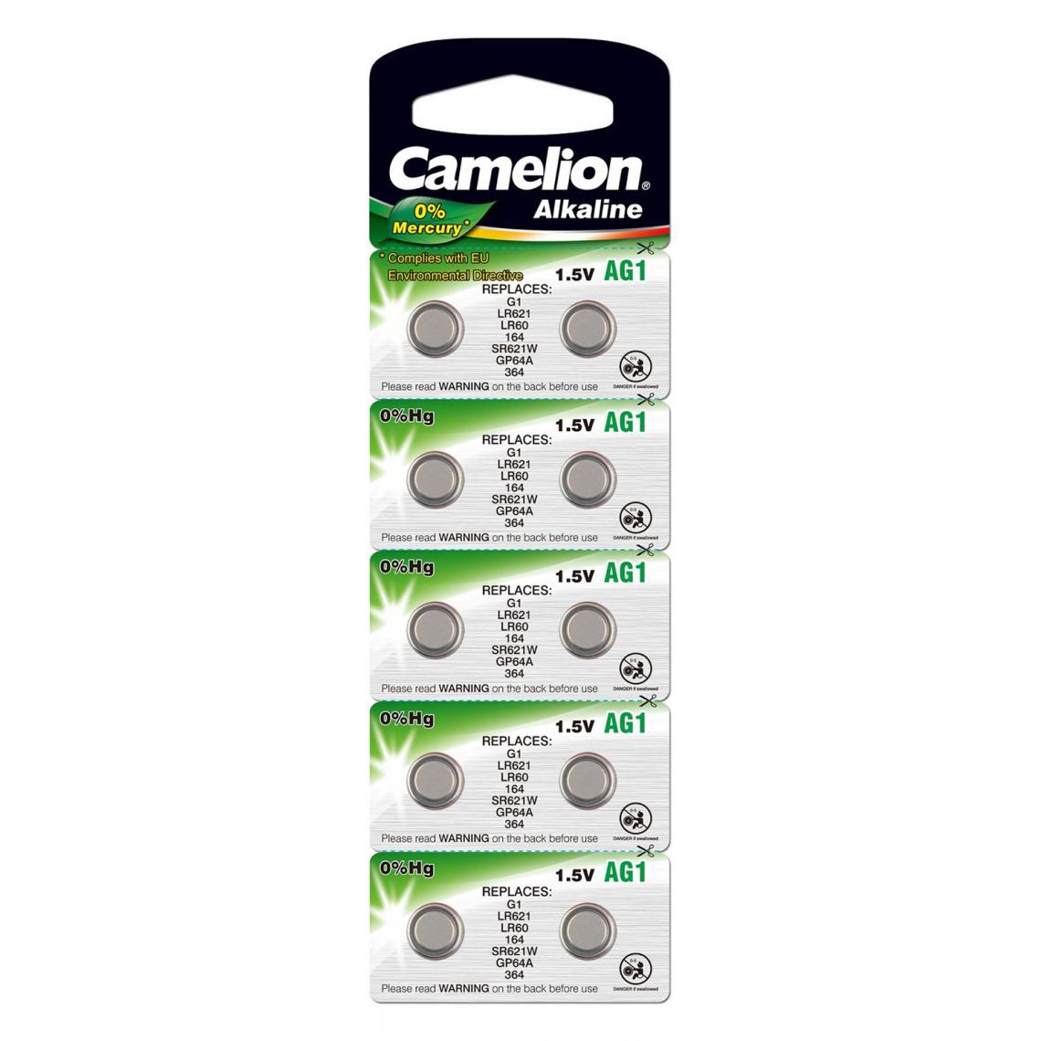 Camelion - 10 Camelion AG1 / LR60 / 164 / 364 / LR621 pile bouton, longue durée de conservation (date d'expiration marqué) - Piles rechargeables
