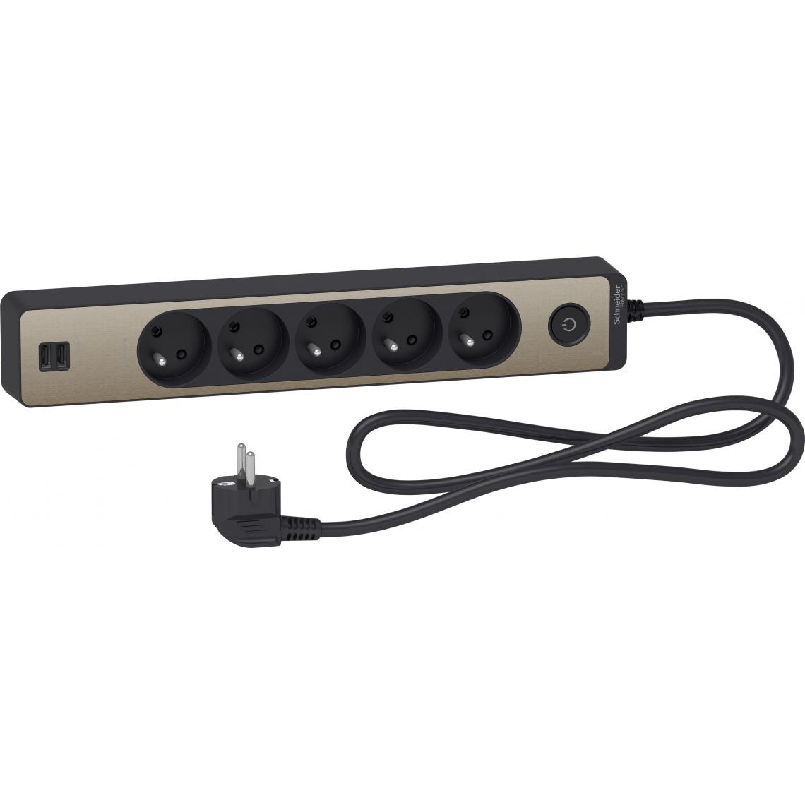 Schneider Electric - Bloc multiprises 5 Prises 2P+T et 2 USB (câble 1,5m) Noir et Bronze - Schneider - Blocs multiprises