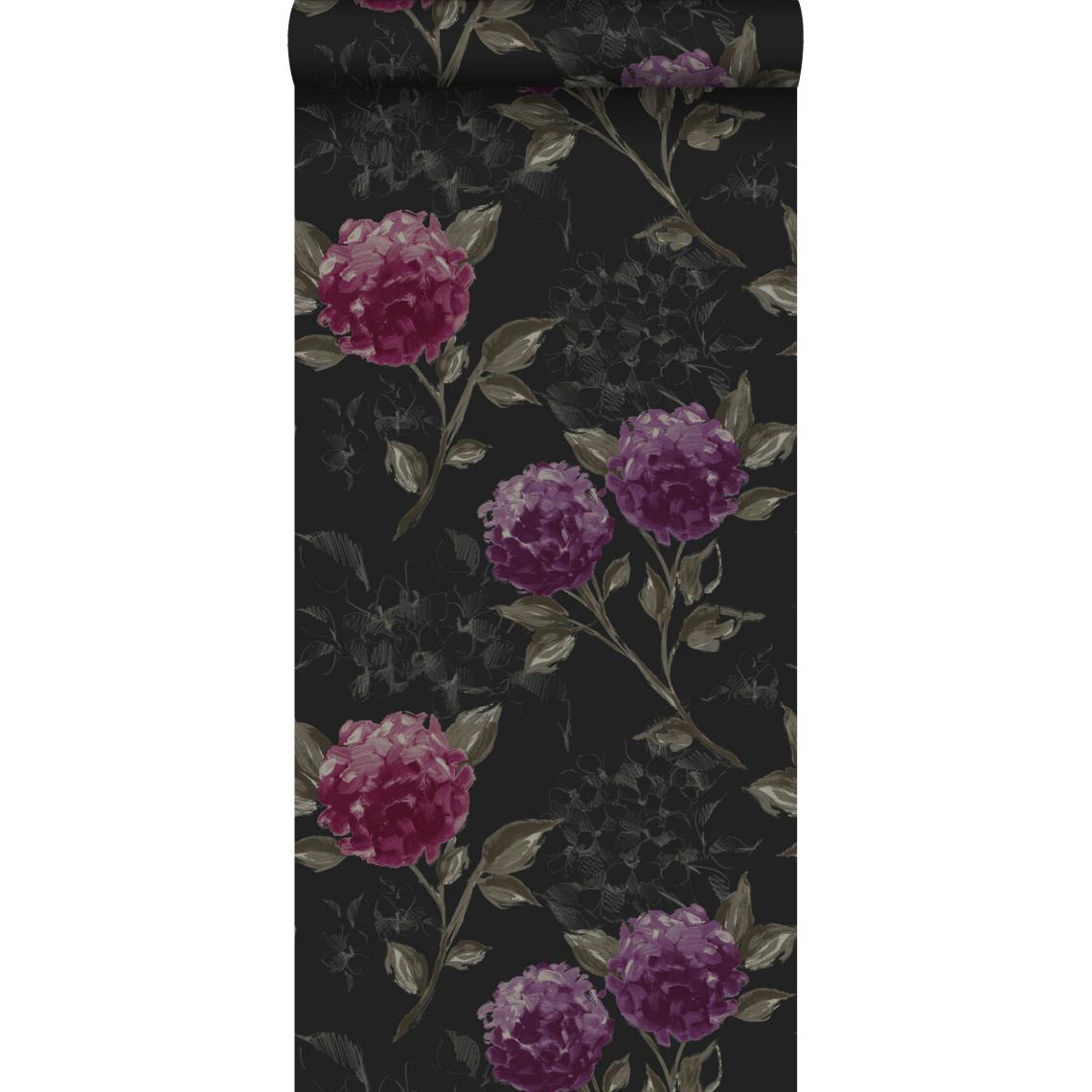 ESTAhome - ESTAhome papier peint hortensias noir et violet aubergine - 128025 - 53 cm x 10,05 m - Papier peint