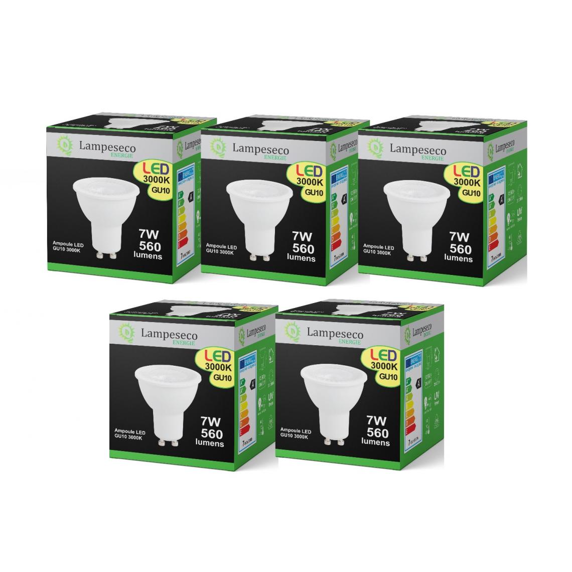Lampesecoenergie - Pack de 5 Ampoules Led GU10 7W 38° Blanc Chaud 3000K eq. 56W Halogène - Ampoules LED