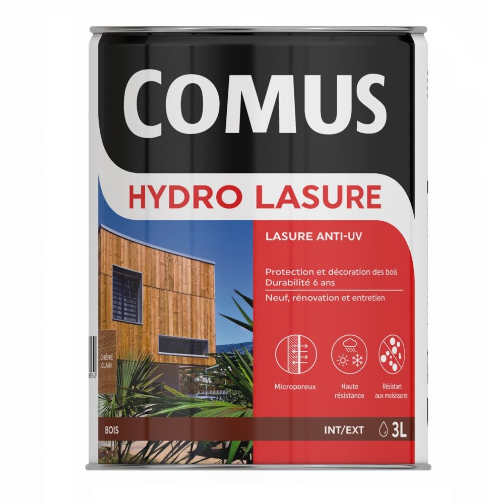 Comus - HYDRO LASURE Chêne moyen 3L - Lasure anti-UV pour la protection et la mise en valeur du veinage des bois verticaux - COMUS - Produit de finition pour bois