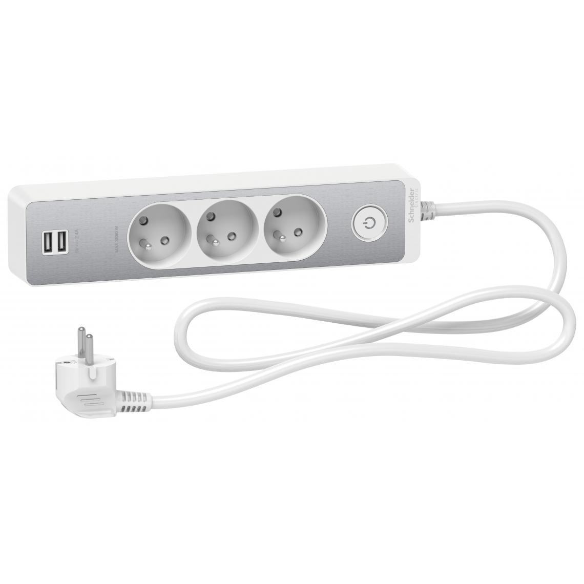 Schneider Electric - Bloc multiprises 3 Prises 2P+T et 2 USB (câble 1,5m) Blanc et Aluminium - Schneider - Blocs multiprises