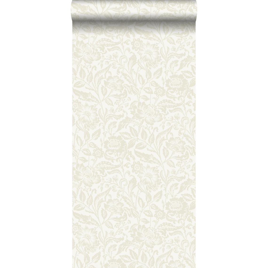ESTAhome - ESTAhome papier peint fleurs beige sur blanc - 148324 - 53 cm x 10,05 m - Papier peint