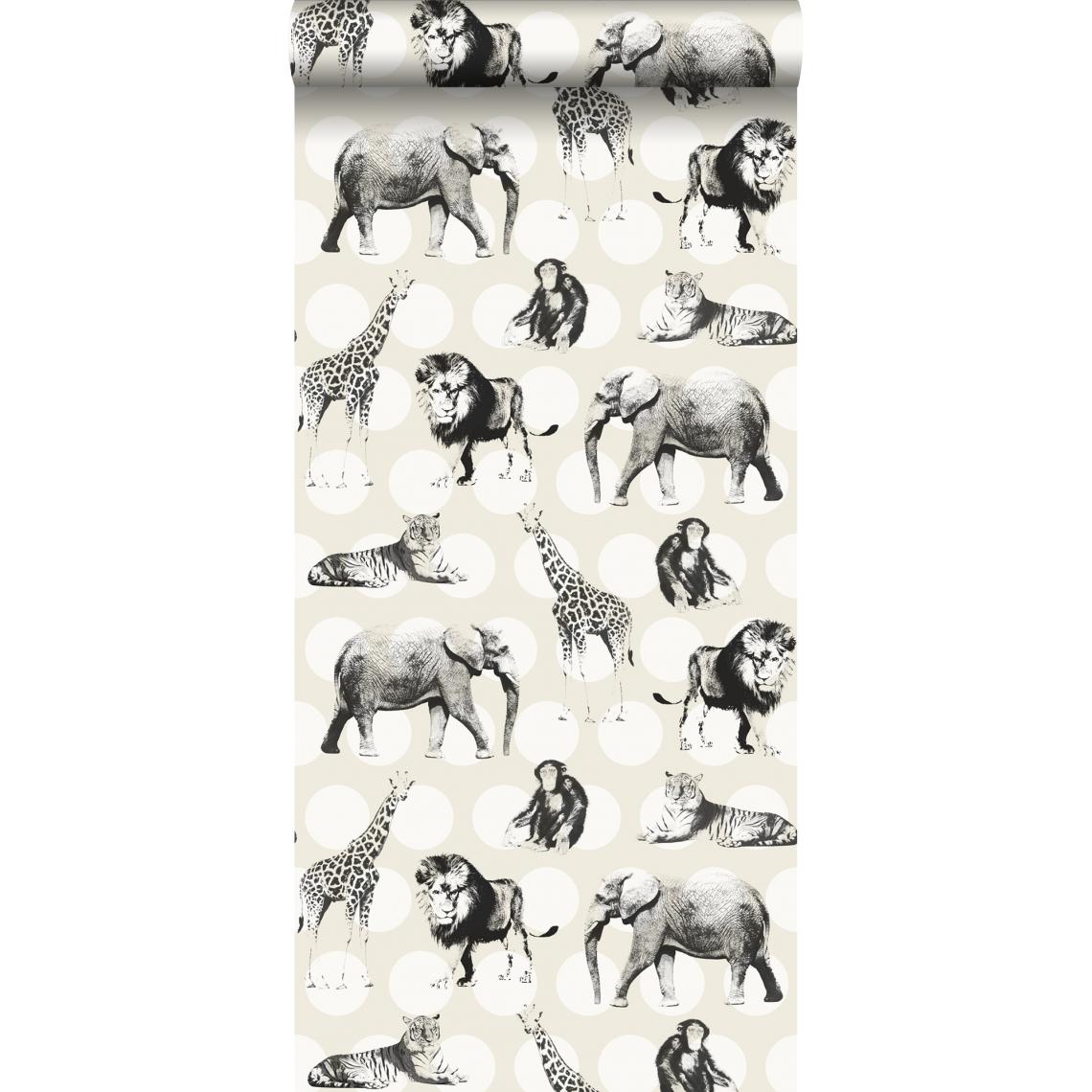 ESTAhome - ESTAhome papier peint animaux sur gros points blanc brillant et noir - 128712 - 53 cm x 10,05 m - Papier peint
