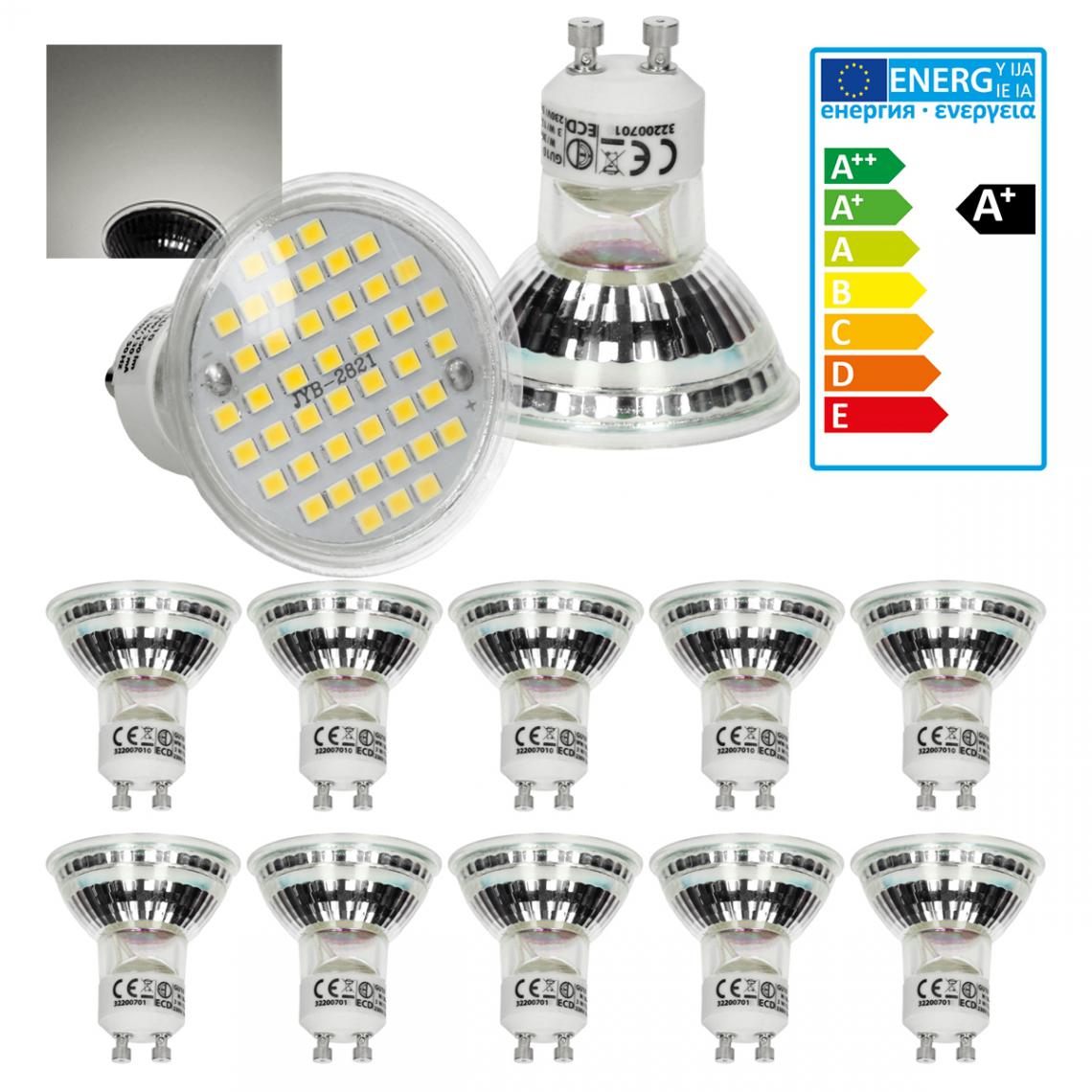Ecd Germany - ECD Germany 10 x LED GU10 44SMD Spot 3W - Lampe à LED 20W - en verre - 251 lumens - Blanc neutre 4000K - Spot à encastrer - Ampoules LED