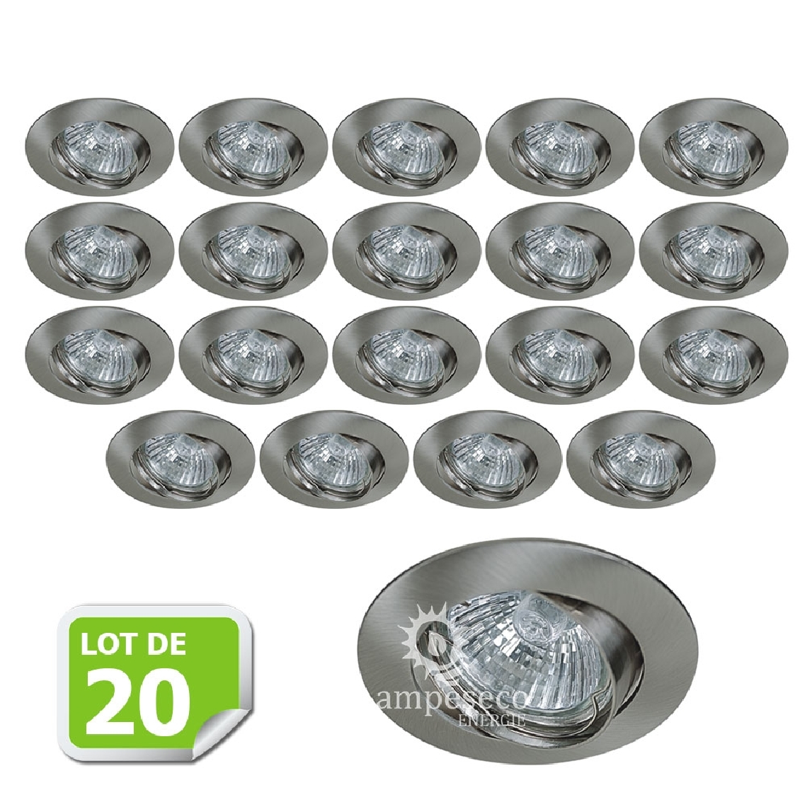 Eurobryte - Lot de 20 Support encastrable orientable ronde pour ampoules halogènes, CFL ou LED diametre 81mm Couleur acier brossé ref.970 - Boîtes d'encastrement