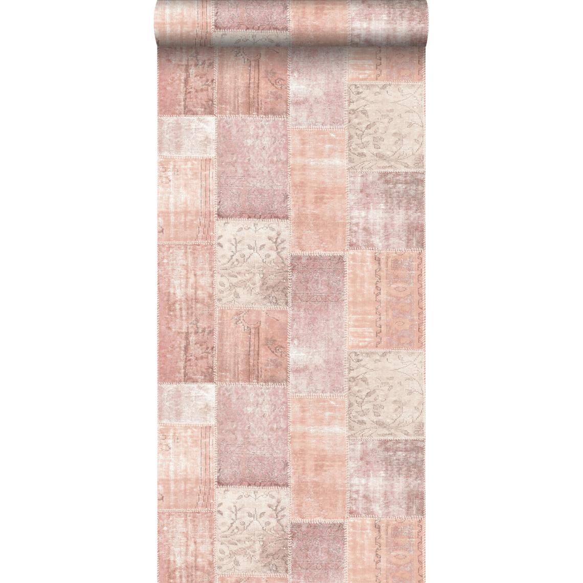 ESTAhome - ESTAhome papier peint tapis patchwork kilim oriental rose orange pêche - 148651 - 53 cm x 10,05 m - Papier peint