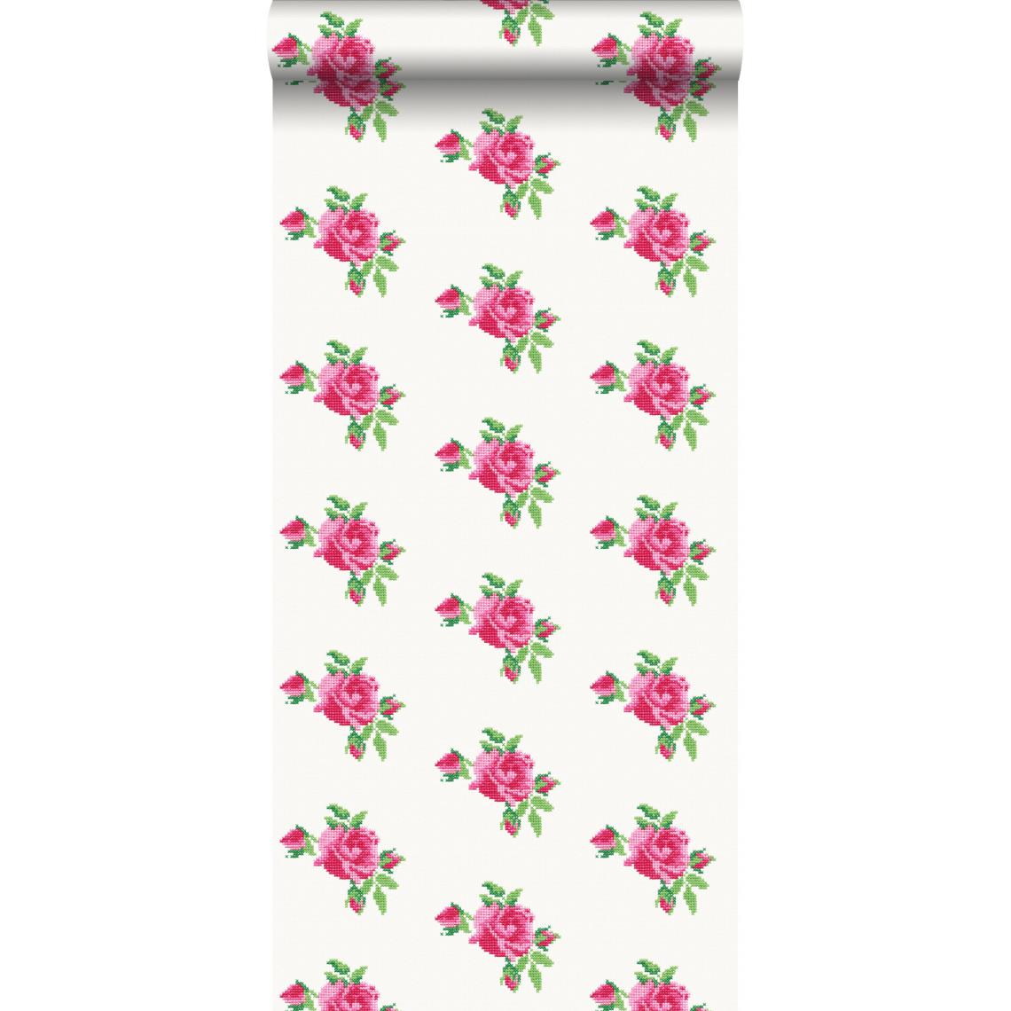 ESTAhome - ESTAhome papier peint broderie de petites roses rose et vert - 138144 - 53 cm x 10,05 m - Papier peint