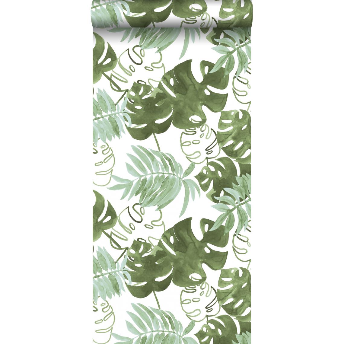 ESTAhome - ESTAhome papier peint feuilles tropicales de jungle peintes vert olive grisé - 138888 - 53 cm x 10,05 m - Papier peint