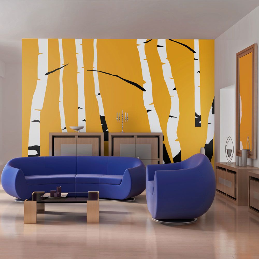 Bimago - Papier peint - Birches on the orange background - Décoration, image, art | Abstractions | Arbres | - Papier peint