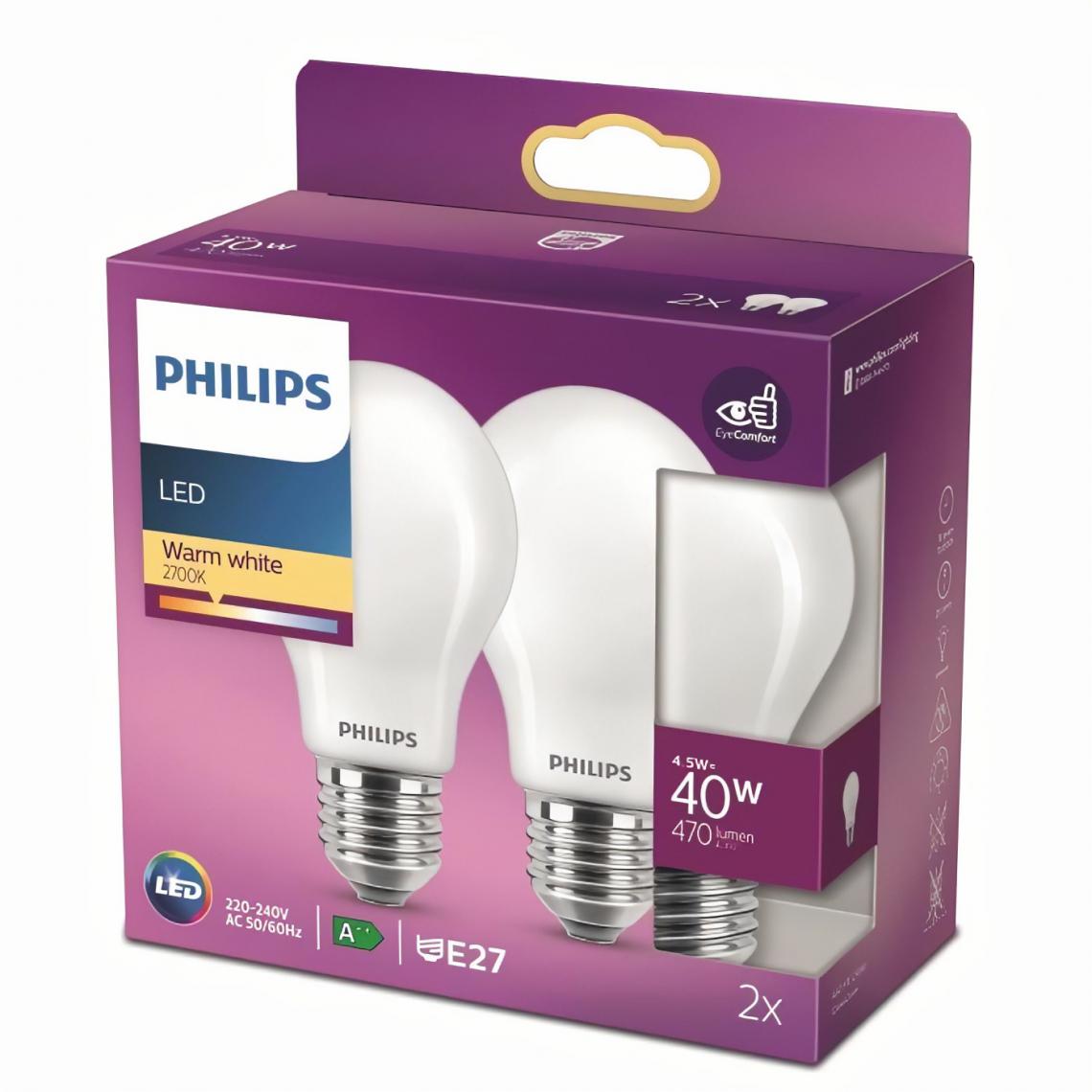 Philips - PHILIPS LED Classic 40W Standard E27 Blanc Chaud Dépolie Non Dimmable Lot de 2 - Ampoules LED
