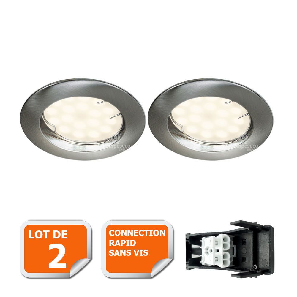 Eurobryte - LOT DE 2 SPOT LED ENCASTRABLE COMPLETE RONDE FIXE ALU BROSSE eq. 50W BLANC CHAUD - Boîtes d'encastrement