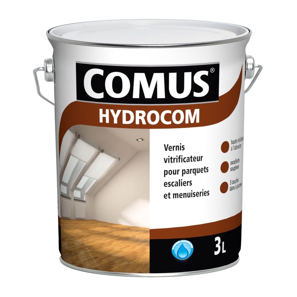Comus - HYDROCOM BRILLANT - Incolore 3L - Vitrificateur polyuréthane acrylique mono-composant pour parquets, escaliers et boiseries - COMUS - Produit de réparation pour parquet