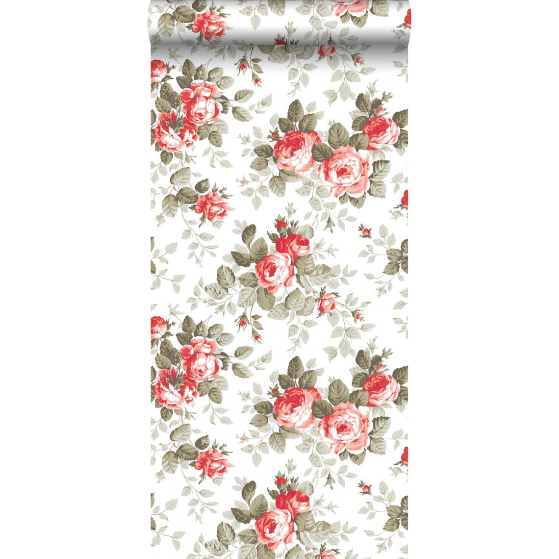 ESTAhome - ESTAhome papier peint roses corail rouge - 138111 - 53 cm x 10,05 m - Papier peint