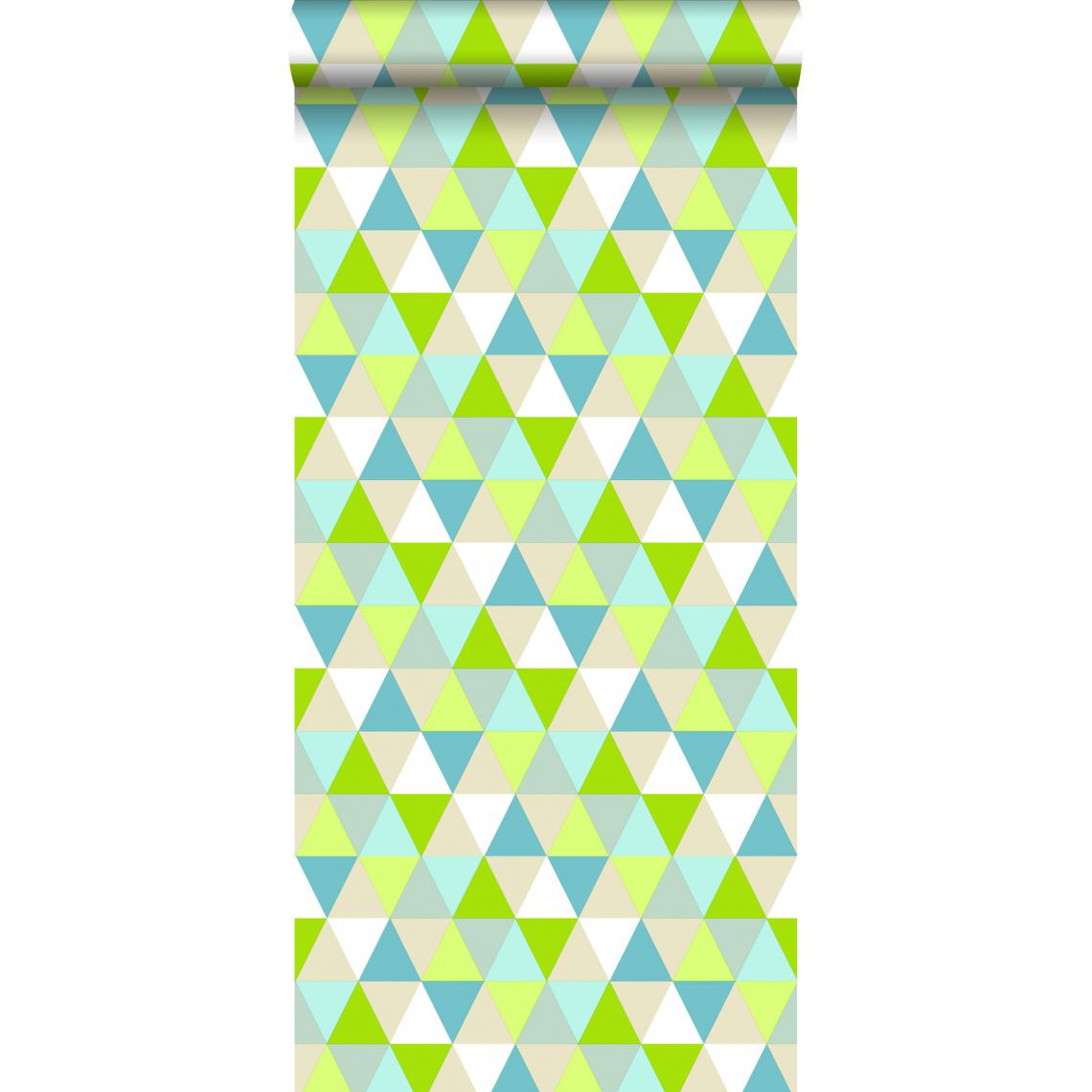 ESTAhome - ESTAhome papier peint triangles vert citron, turquoise et beige - 138713 - 53 cm x 10,05 m - Papier peint