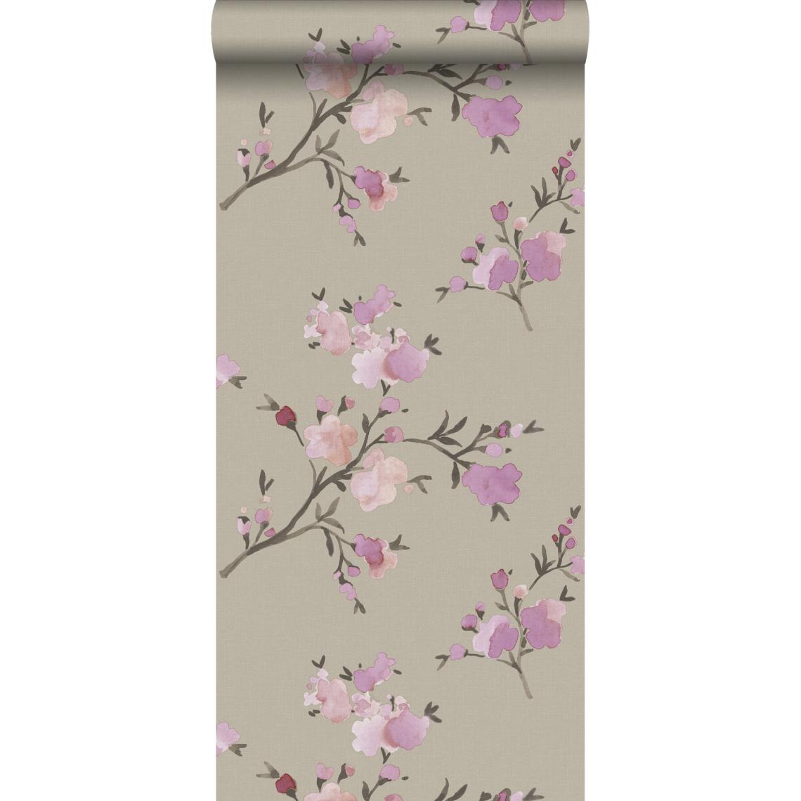 ESTAhome - ESTAhome PP intissé éco texture fleurs de cerisier taupe et violet - 148717 - 0.53 x 10.05 m - Papier peint