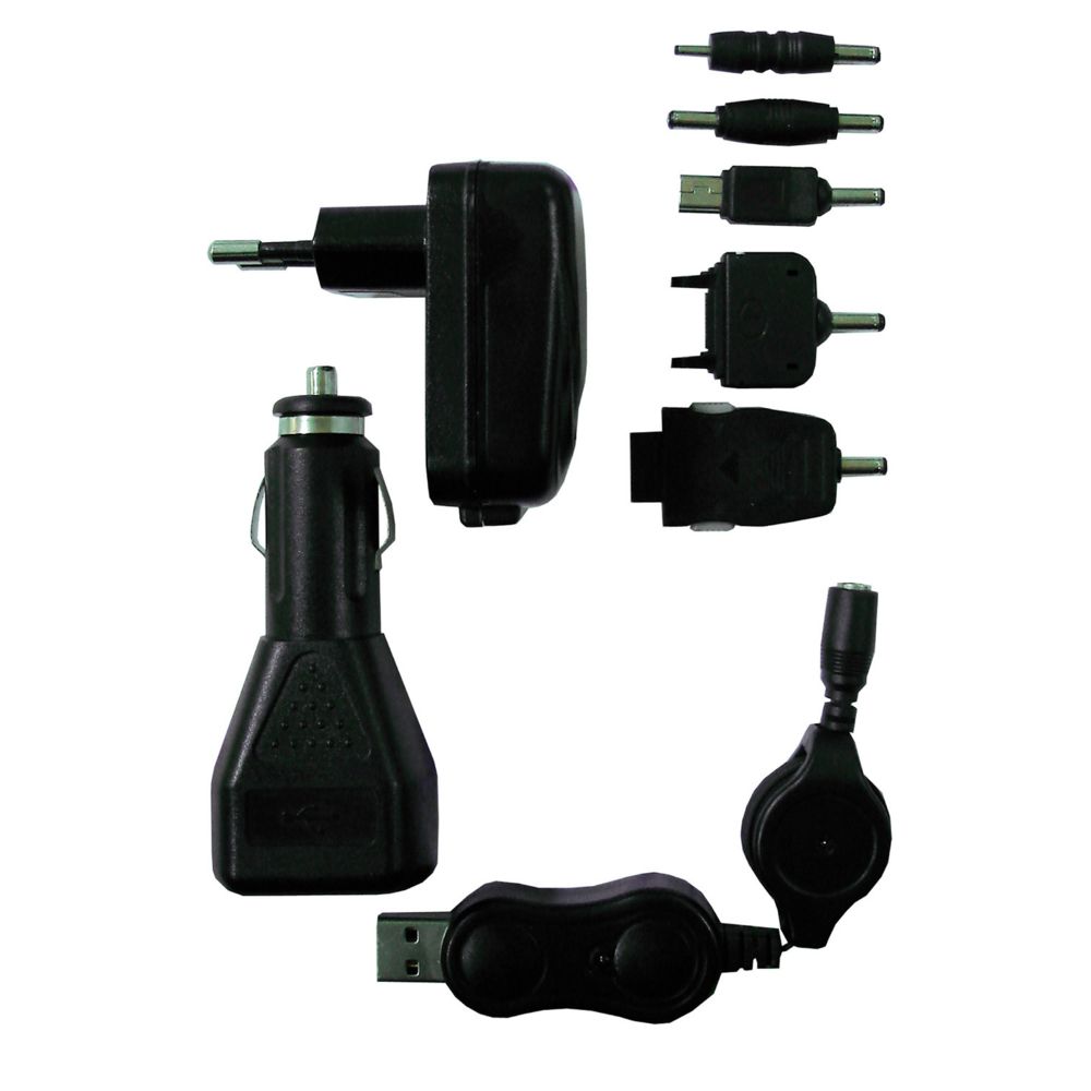 Enexo - Kit chargeur USB composé de: 1 adaptateur voiture en USB + 1 cordon rétractable USB + 1 chargeur mural USB + 5 connecteurs - Adaptateurs