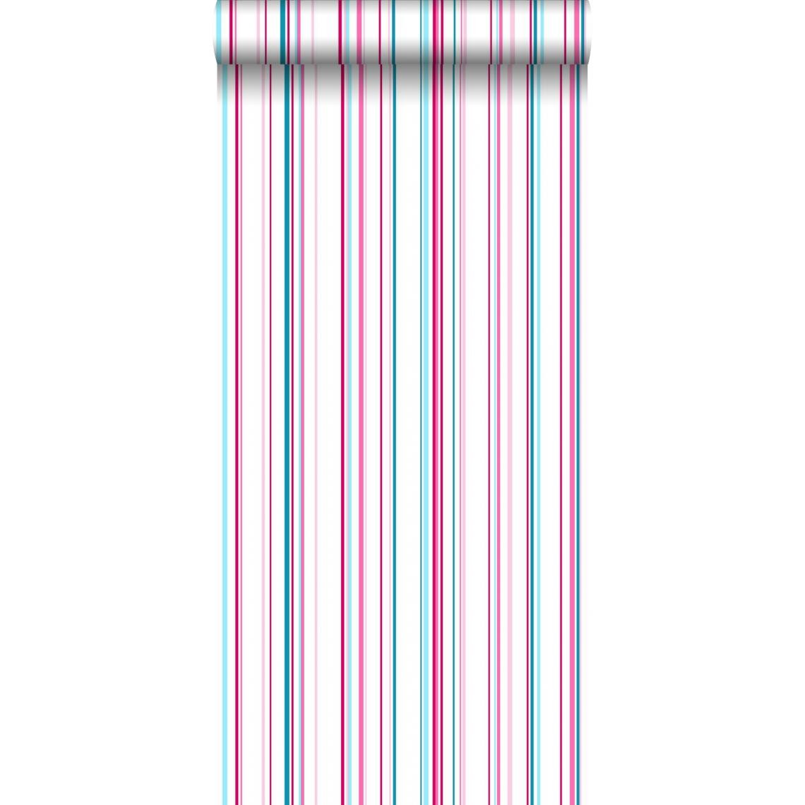 ESTAhome - ESTAhome papier peint à rayures rose et turquoise - 115725 - 53 cm x 10,05 m - Papier peint