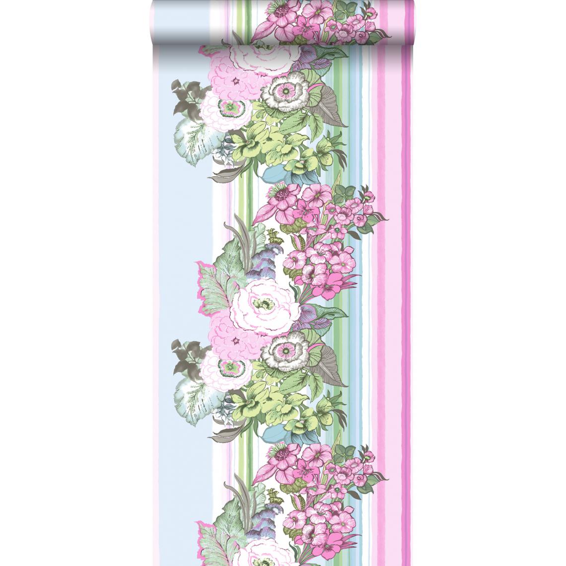 ESTAhome - ESTAhome papier peint fleurs vintage rose clair et turquoise - 138113 - 53 cm x 10,05 m - Papier peint