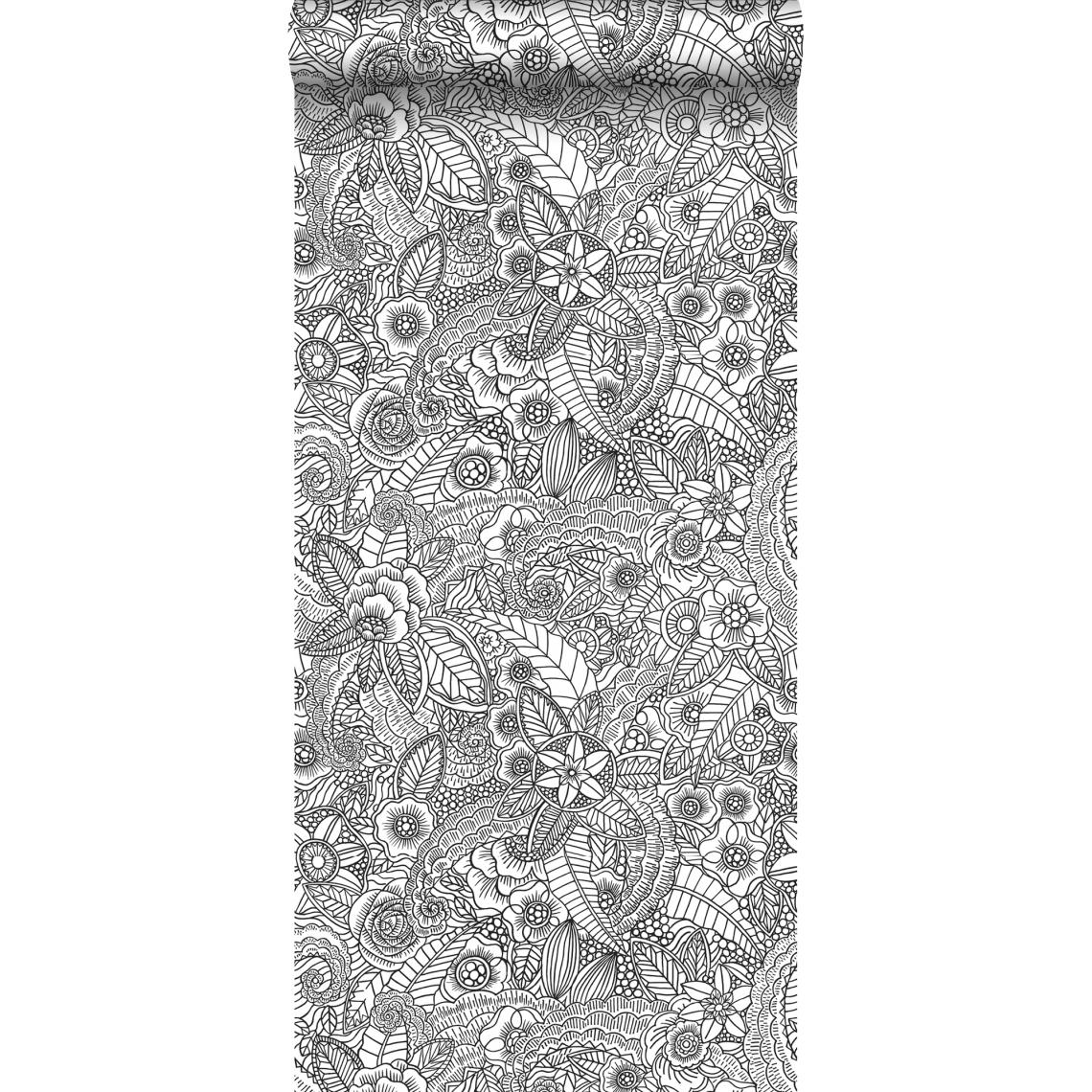 ESTAhome - ESTAhome papier peint fleurs dessinées noir et blanc - 139117 - 0.53 x 10.05 m - Papier peint