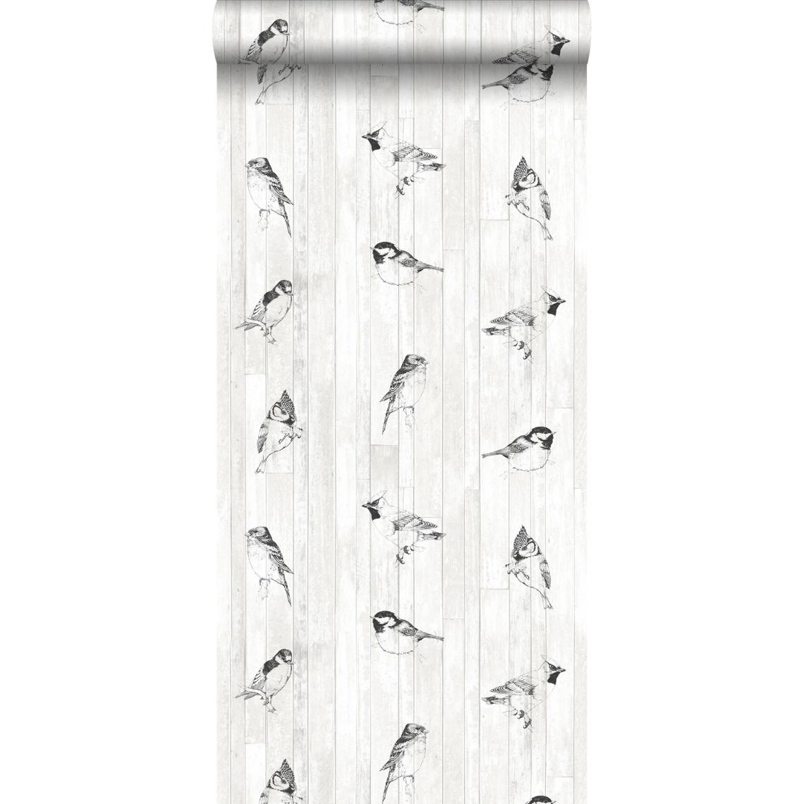 ESTAhome - ESTAhome papier peint dessin à la plume des oiseaux sur des planches en bois de bois récupéré rétro vintage noir et blanc mat - 128834 - 53 cm x 10,05 m - Papier peint