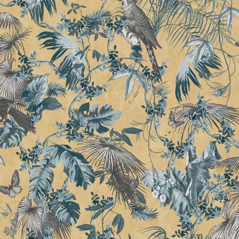 Dutch Wallcoverings - DUTCH WALLCOVERINGS Papier peint Feuilles et oiseaux Bleu et doré - Papier peint