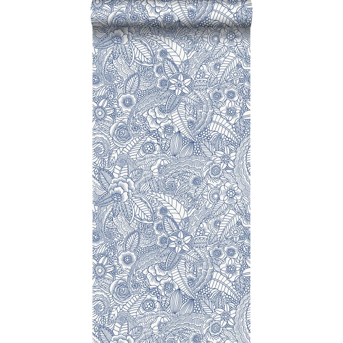 ESTAhome - ESTAhome papier peint fleurs bleu sur blanc - 148615 - 53 cm x 10,05 m - Papier peint