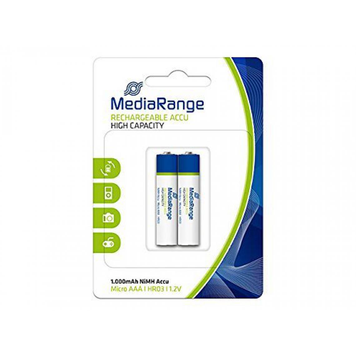 Mediarange - Pack de 2 piles rechargeables Mediarange haute capacité NiMH Accus Micro AAA HR03 1.2V - Piles spécifiques
