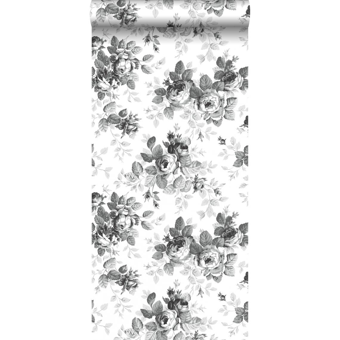 ESTAhome - ESTAhome papier peint roses noir et blanc - 138112 - 53 cm x 10,05 m - Papier peint