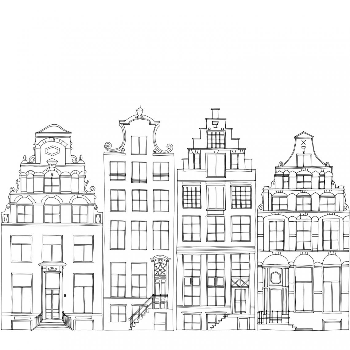 ESTAhome - ESTAhome papier peint panoramique maisons bordant les canaux d'Amsterdam dessinées noir et blanc - 159103 - 2.79 m x 2.79 m - Papier peint
