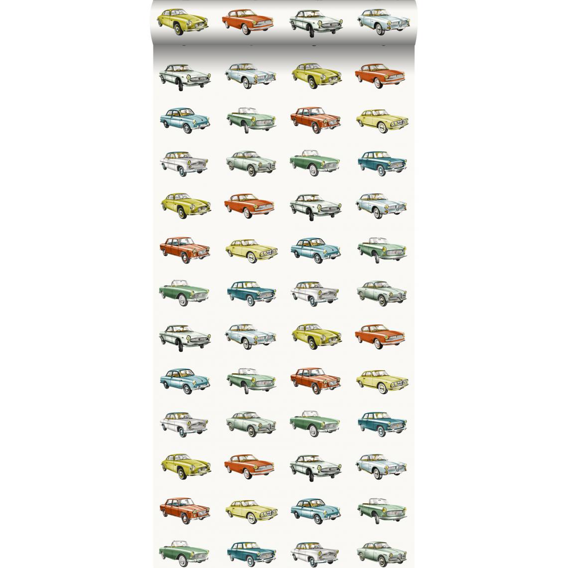 ESTAhome - ESTAhome papier peint voitures anciennes vintage orange, jaune ocre et vert - 138732 - 53 cm x 10,05 m - Papier peint