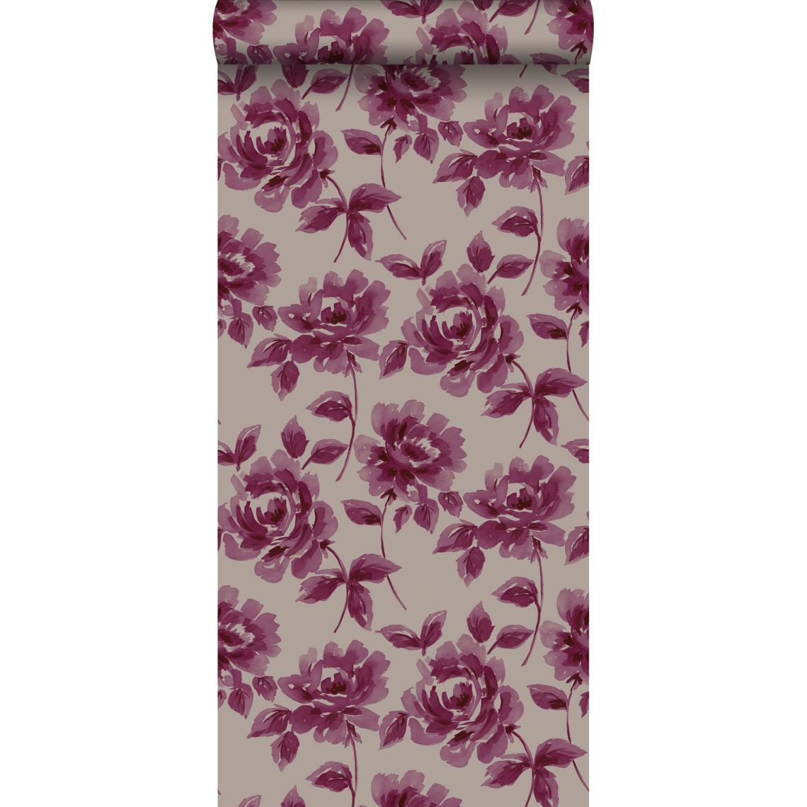 ESTAhome - ESTAhome papier peint roses peintes à l'aquarelle violet aubergine et taupe - 128017 - 53 cm x 10,05 m - Papier peint