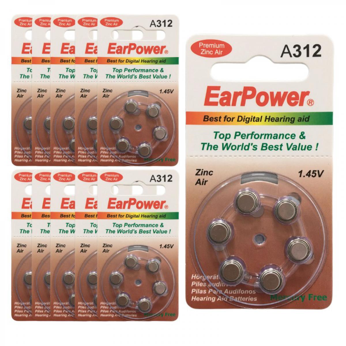 Earpower - Piles Auditives EarPower A312, 10 Plaquettes - Piles rechargeables
