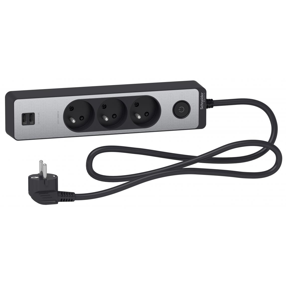 Schneider Electric - Bloc multiprises 3 Prises 2P+T et 2 USB (câble 1,5m) Noir et Aluminium - Schneider - Blocs multiprises