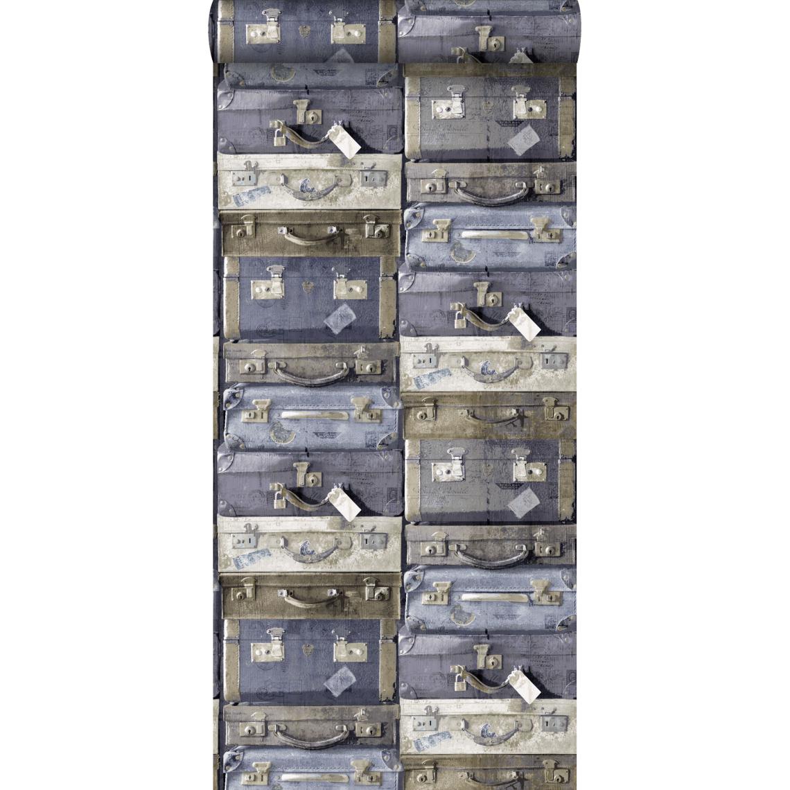ESTAhome - ESTAhome papier peint valises vintage bleu et marron - 138215 - 53 cm x 10,05 m - Papier peint