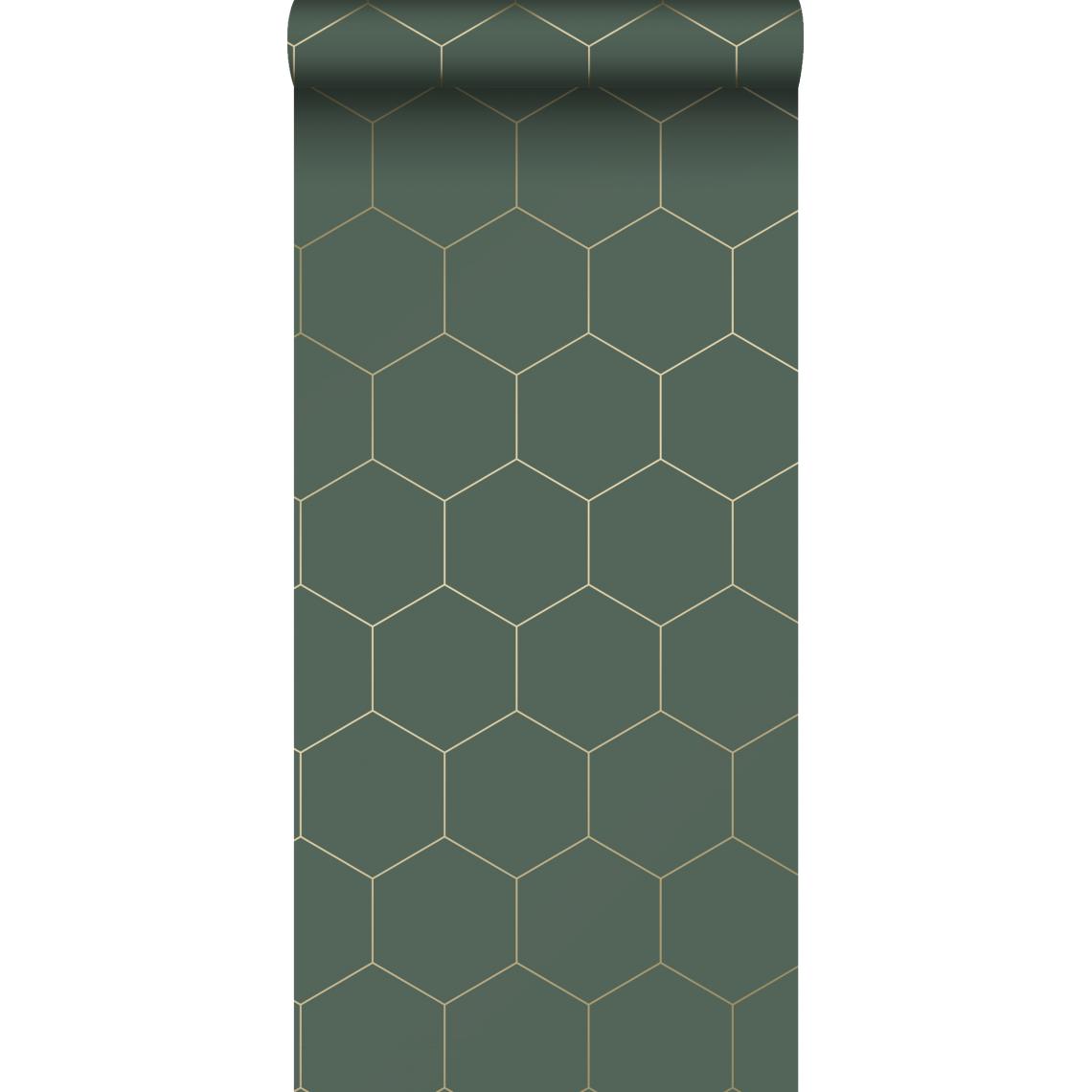ESTAhome - ESTAhome papier peint hexagone vert foncé et or - 139228 - 0.53 x 10.05 m - Papier peint