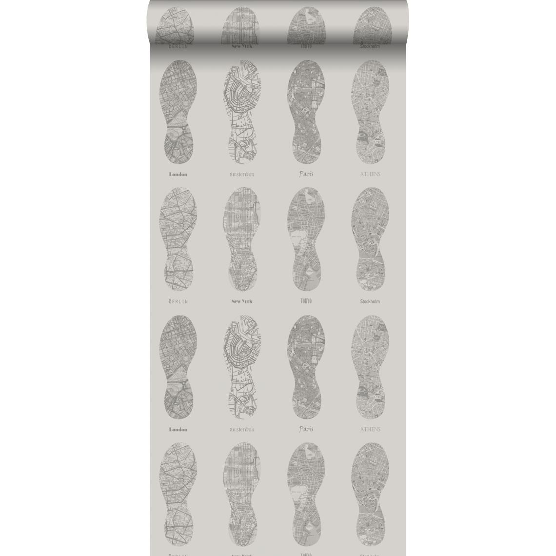ESTAhome - ESTAhome papier peint cartes de villes en empreintes de chaussures de running cervine - 128819 - 53 cm x 10.05 m - Papier peint